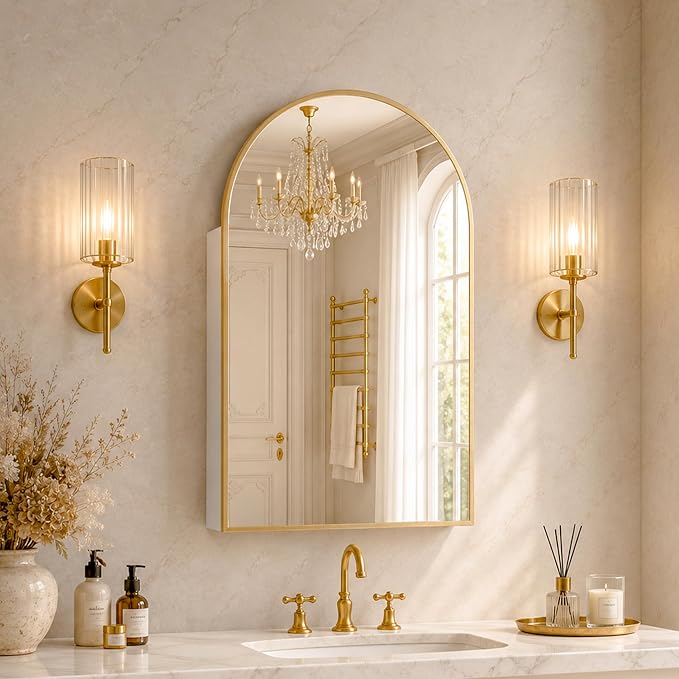 FKWin Medicine Cabinet Mirror for Bathrooms, Wall Mount Storage 20x30 inch | Gold Bathroom Mirror with Storage, Elegant Bathroom Upgrade, Adjustable Shelves, Reversible Door, Luxury Finish