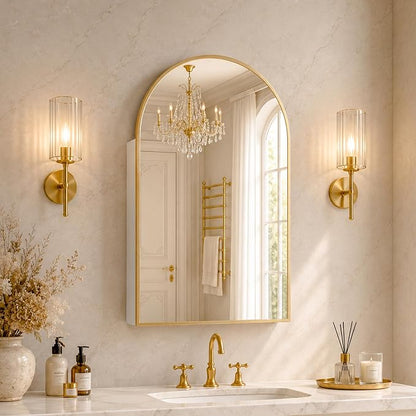 FKWin Medicine Cabinet Mirror for Bathrooms, Wall Mount Storage 20x30 inch | Gold Bathroom Mirror with Storage, Elegant Bathroom Upgrade, Adjustable Shelves, Reversible Door, Luxury Finish