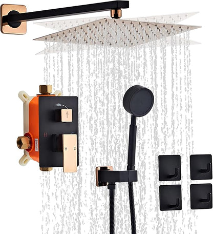 Black Gold Rainfall Shower Head, Wall Mounted 8 Inch Shower Heads with Handheld Spray Combo, Luxury Bathroom Square Rain Shower System, Solid Brass Pressure Balancd Shower Faucet Valve