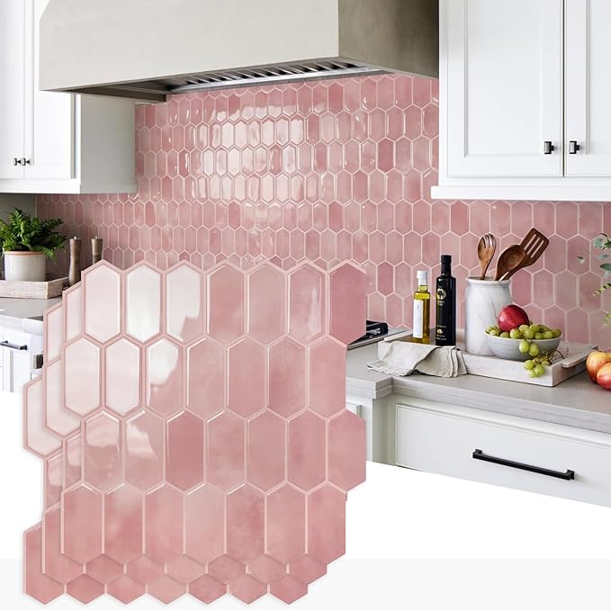 Vamos Tile Thicker Design Long Hexagon Peel and Stick Backsplash Tile | 10-Sheet Pink with Pink Grout Self Adhesive Wall Tiles Stick On Backsplash for Kitchen Bathroom RV Fireplace