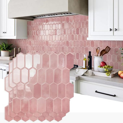 Vamos Tile Thicker Design Long Hexagon Peel and Stick Backsplash Tile | 10-Sheet Pink with Pink Grout Self Adhesive Wall Tiles Stick On Backsplash for Kitchen Bathroom RV Fireplace