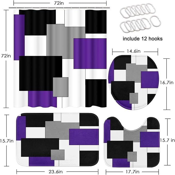 Bathroom Sets with Shower Curtain and Rugs, 4 Pcs, Geometric Purple | Abstract Modern Checkered Bathroom Decor Set with Toilet Lid Cover, Non-Slip Bath Mats and Accessories 12 Hooks