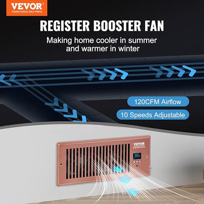 VEVOR Register Booster Fan, Quiet Vent Booster Fan Fits 4” x 10” Register Holes, with Remote Control and Thermostat Control, Adjustable 10-Speed for Heating Cooling Smart Vent, Brown
