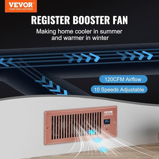 VEVOR Register Booster Fan, Quiet Vent Booster Fan Fits 4” x 10” Register Holes, with Remote Control and Thermostat Control, Adjustable 10-Speed for Heating Cooling Smart Vent, Brown