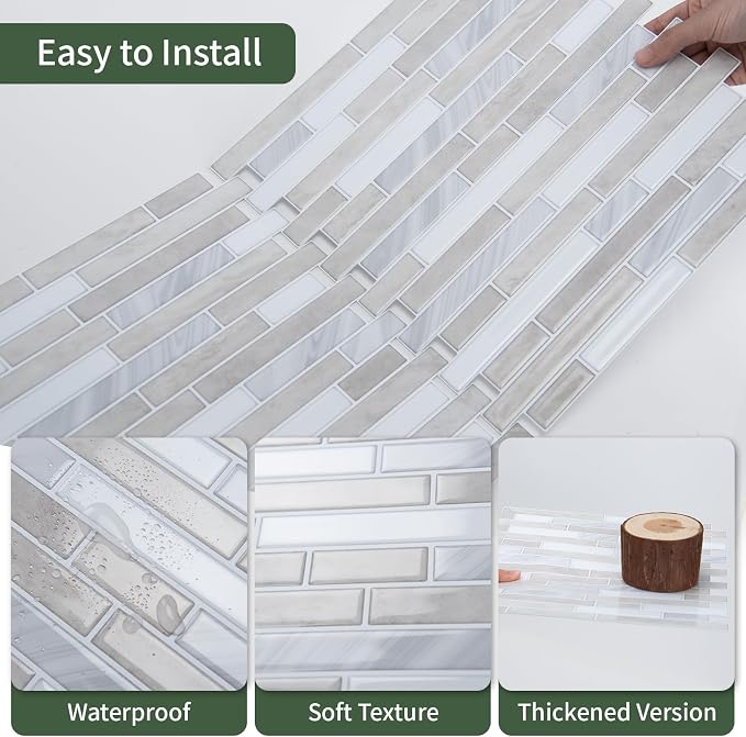 LONGKING 10-Sheet Extra Thick Peel and Stick Backsplash Tiles, Waterproof Kitchen Backsplash Peel and Stick Tile, Self-Adhesive Backsplash for Kitchen, Beige & White | Peel and stick backsplash, self-adhesive wall tile, Beige White, extra thick, waterp...