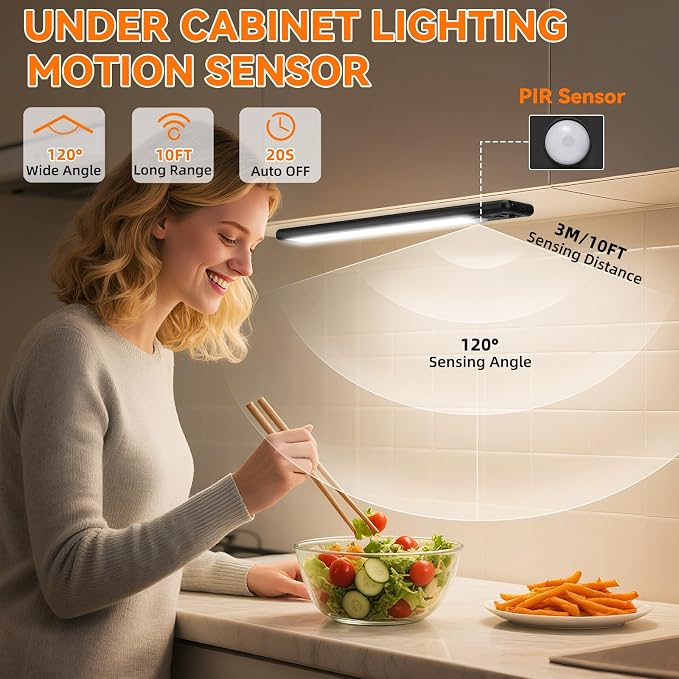 Under Cabinet Lighting Wireless, 10inch Motion Sensor Light, 3Pack-Black | Rechargeable, 3 Color Temps, Dimmable, Power Display, LED Closet Light Magnetic, Under Counter Lights for Kitchen Shelf Home