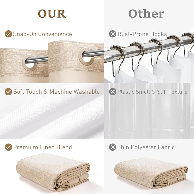 Tan Ringless Linen Textured Shower Curtain with Snap in Liner, 72x75 | 3 in 1 Hotel Shower Curtain Set, Removable Liner, Waterproof & Washable, Mesh Top Window, Durable Fabric, Easy to Install