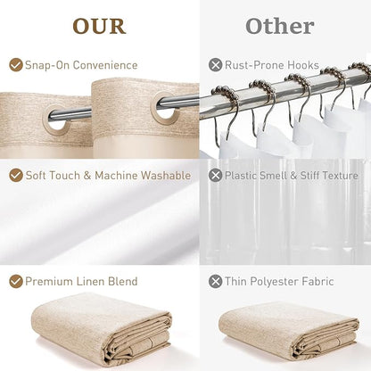 Tan Ringless Linen Textured Shower Curtain with Snap in Liner, 72x75 | 3 in 1 Hotel Shower Curtain Set, Removable Liner, Waterproof & Washable, Mesh Top Window, Durable Fabric, Easy to Install