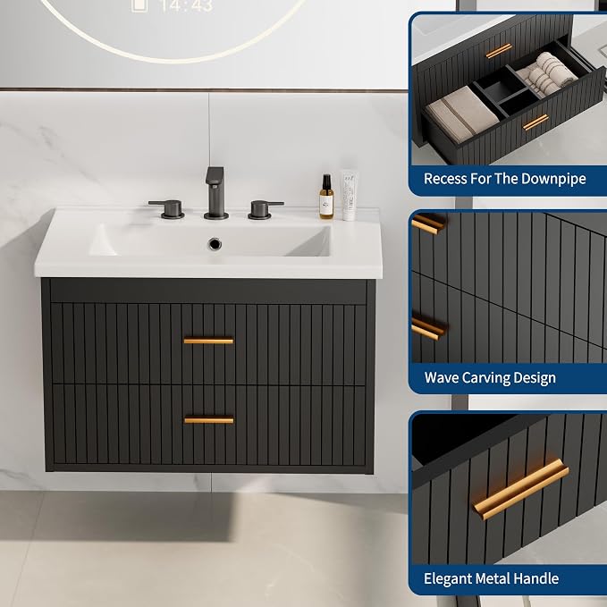 24 Inch Floating Bathroom Vanity with Sink - Modern Wall Mounted Vanity with Ceramic Sink, 2 Large Drawers, Waterproof & Easy Clean