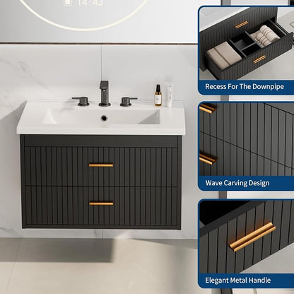 24 Inch Floating Bathroom Vanity with Sink - Modern Wall Mounted Vanity with Ceramic Sink, 2 Large Drawers, Waterproof & Easy Clean