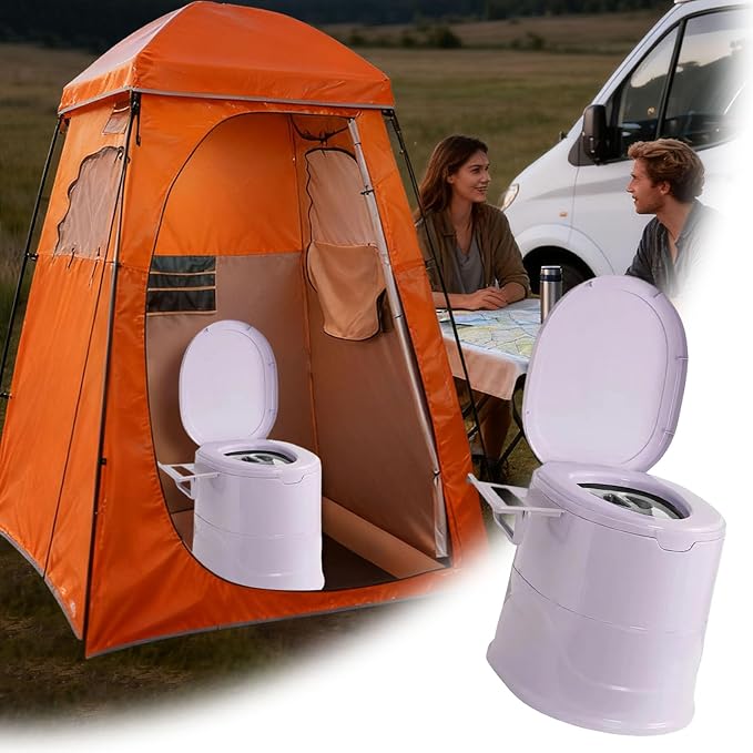 Portable Toilet for Camping, Indoor Outdoor Commode with 2 Detachable Inner Bucket, Removable Paper Holder, Toilet Brush, Travel Toilets for Camping, Hiking, Boat, Van, Emergency Use (Grey)