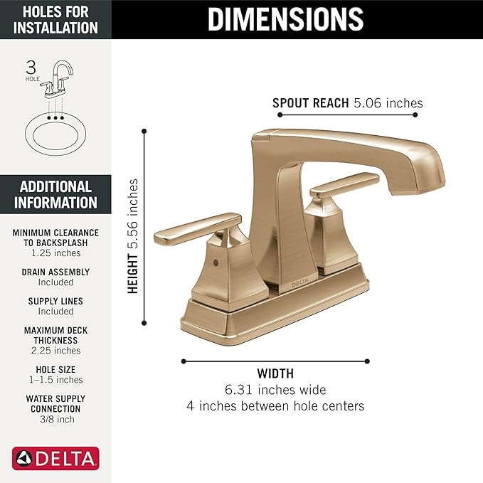 Delta Ashlyn Centerset Bathroom Faucet, Gold 3-Hole Bathroom Sink Faucet, Metal Push-Pop Drain Assembly, Champagne Bronze 2564-CZMPU-DST