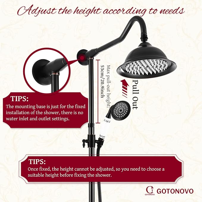 gotonovo Vintage Exposed Shower Faucet Set with Tub Spout,Oil Rubbed Bronze | Bathtub 8” Shower Head with Handheld System Fixtures Combo Kit,360°Rotation,Fast Filler,Extra Extension Tube,for 5-6.7" Hole