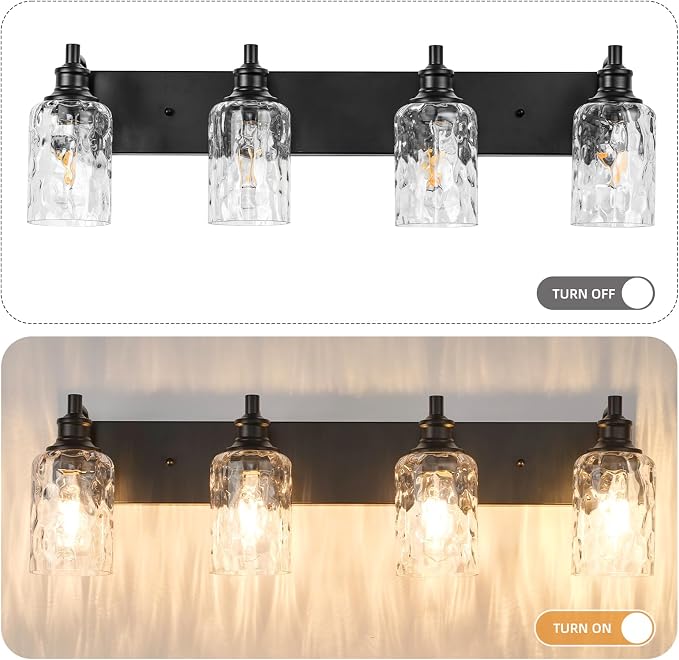 Bathroom Light Fixtures Over Mirror, 4 Lights Vanity Lights with Hammered Glass Shade, 30.8" Matte Black Farmhouse Bathroom Light Fixtures for Bedroom, Porch, Hotel, Mirror Cabinet
