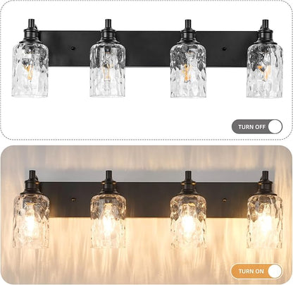 Bathroom Light Fixtures Over Mirror, 4 Lights Vanity Lights with Hammered Glass Shade, 30.8" Matte Black Farmhouse Bathroom Light Fixtures for Bedroom, Porch, Hotel, Mirror Cabinet