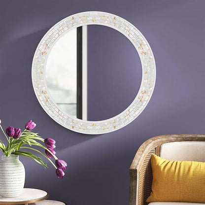 Tanmicoshomy Round Wall Mirror 24 Inch,Circle Mosaic Mirror with Natural Mother of Pearl and Wood Frame, Decorative Coastal Round Wall Mirror for Bathroom Bedroom Living Room Entryway