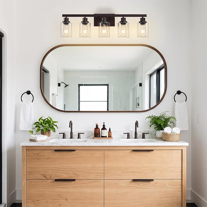 5-Light Oil Rubbed Bronze Bathroom Light Fixtures,30" Vanity Light | Modern Bronze Bathroom Lighting with Clear Glass Shades,Bathroom Wall Sconece over Mirror Sink Cabinet