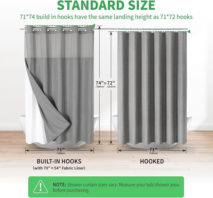 eachope No Hook Linen Texture Shower Curtain with Snap-in Liner,71x74 Gray | 230GSM Thick Fabric,Hotel Luxury Decor,Mesh Top Window,Magnetic Weighted Hem,Waterproof & Machine Washable,for Bathroom
