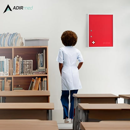 AdirMed Locking Medicine Cabinet Wall Mounted First Aid Cabinet with Lock, Lockable Wall Medicine Cabinet with Dual Lock and Dual Keys, 21" H x 16" W x 6" D, Red