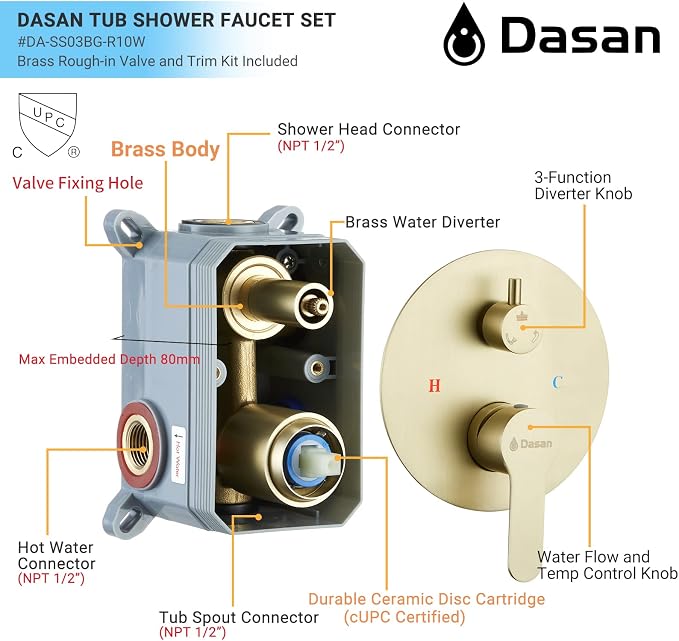 DASAN Tub Shower Faucets Sets Complete Bathtub Faucet Set Brushed Gold Bathtub Shower System with Tub Spout, Bathroom Tub and Shower Faucet Combo Trim Kit with Rough-in Valve, DA-SS03BG-R10W