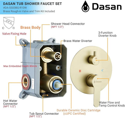 DASAN Tub Shower Faucets Sets Complete Bathtub Faucet Set Brushed Gold Bathtub Shower System with Tub Spout, Bathroom Tub and Shower Faucet Combo Trim Kit with Rough-in Valve, DA-SS03BG-R10W