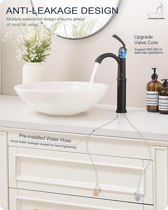 Tall Bathroom Faucet Single Hole, Brass Vessel Sink Faucet Black with 1 Handle, Arched Aerator Spout, Pop Up Drain & Pre-Installed cUPC Water Hoses for Modern Style Bowl Sink, 5 Mins Install
