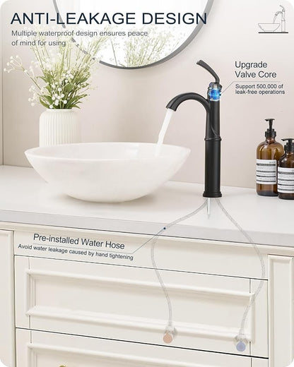 Tall Bathroom Faucet Single Hole, Brass Vessel Sink Faucet Black with 1 Handle, Arched Aerator Spout, Pop Up Drain & Pre-Installed cUPC Water Hoses for Modern Style Bowl Sink, 5 Mins Install