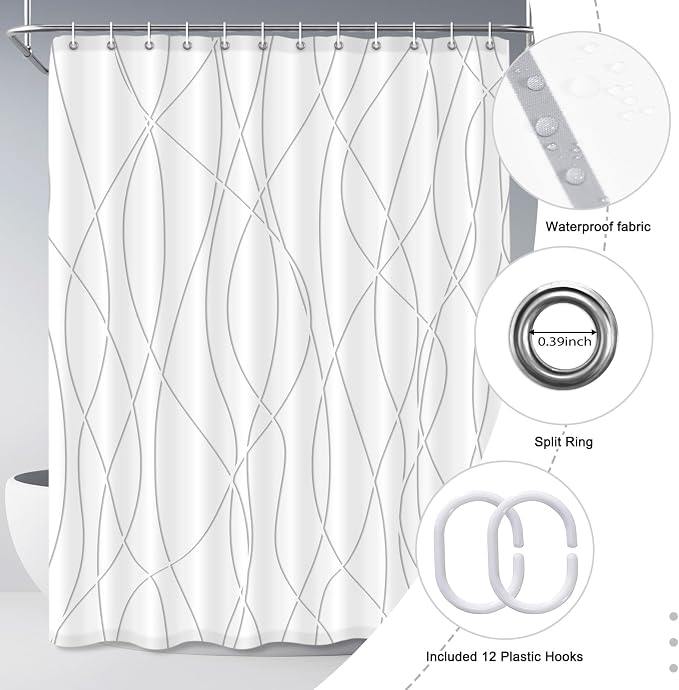 Striped Shower Curtain for Bathroom, Grey Shadow, 72" W x 84" L | with Hooks, Modern Hotel Style, Water Repellent, Washable, Weighted Hem