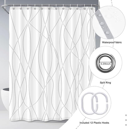 Striped Shower Curtain for Bathroom, Grey Shadow, 72" W x 84" L | with Hooks, Modern Hotel Style, Water Repellent, Washable, Weighted Hem