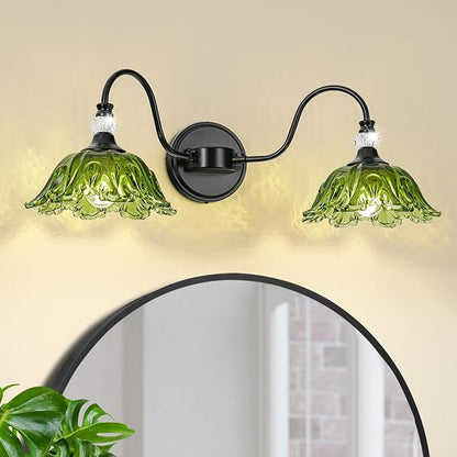 Black Bathroom Vanity Light, 2-Light Vanity Light with Floral Green Glass Shades,Vintage Farmhouse Wall Mount Lighting for Bathroom, Dressing Table