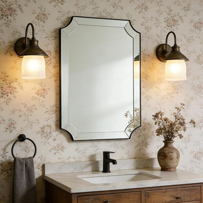 24x36 Scalloped Bathroom Mirror, Black Rectangle Wall Mirror with Scallop Edge, Anti-Rust Curved Wall Mirror, Unique Design Ideal for Bathroom Remodel, Wall Mounted Horizontal & Vertical