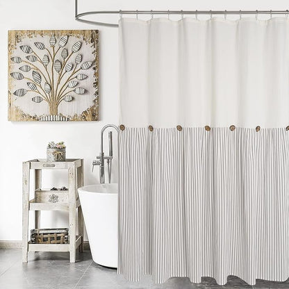 DOSLY IDÉES Farmhouse Shower Curtain, Beige and Gray Striped, Button Curtain, Spa Waffle and Cotton Woven Fabric, Rustic Charm Country Chic Style for Bathroom, 72x84 in