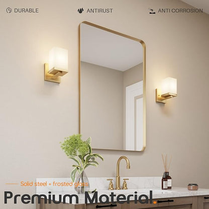 Vanity Lighting Fixtures with White Frosted Glass Shade, Brushed Gold Wall Lamps Over Bathroom Mirror for Bedroom Living Room Porch, 2 Pack T003GD-L1-P2