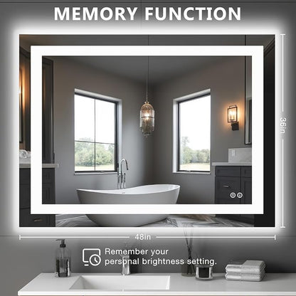 DUMOS 36.1"x48.1" LED Bathroom Mirror, Bathroom Vanity Mirror | Smart Anti-Fog, Front Light and Backlit, 3 Color Temperatures, Dimmable, Memory Function