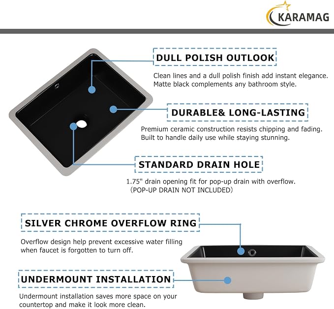 18 Inch Undermount Bathroom Sink Black Rectangle Sink with Overflow | 18-1/2"x14" Matte Black Under Counter Design,Ceramic,Easy to Clean,Modern Style,Ideal for bathroom,vanity, lavatory,restroom