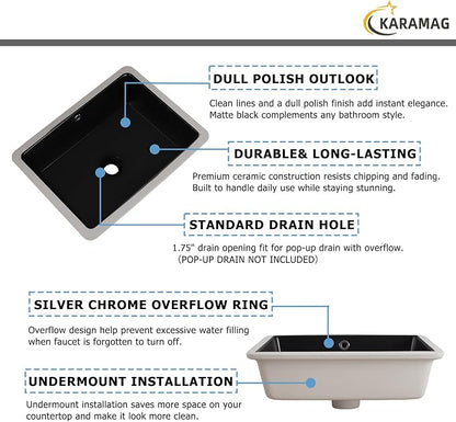 18 Inch Undermount Bathroom Sink Black Rectangle Sink with Overflow | 18-1/2"x14" Matte Black Under Counter Design,Ceramic,Easy to Clean,Modern Style,Ideal for bathroom,vanity, lavatory,restroom