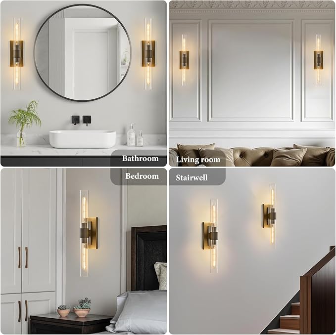Linear Brass Bathroom Wall Sconce: Set of 2 Antique Modern Vanity Lights | Luxury Dimmable Brushed Gold Sconces, Clear Glass Tube Minimalist Light Fixture for Bedroom Living Room Hallway Indoor Decor