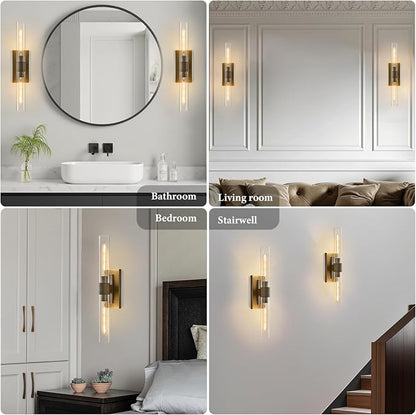 Linear Brass Bathroom Wall Sconce: Set of 2 Antique Modern Vanity Lights | Luxury Dimmable Brushed Gold Sconces, Clear Glass Tube Minimalist Light Fixture for Bedroom Living Room Hallway Indoor Decor
