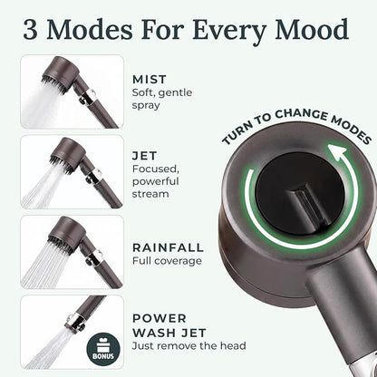 Filtered Shower Head for Hard Water | Ion Drops | 3 Spray Modes | High Pressure Handheld Shower Head with Stainless Steel Hose | Tool-Free Install | Softer Skin & Healthier Hair