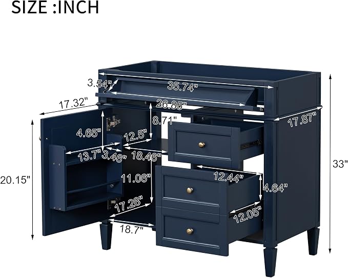 36" Bathroom Vanity Without Top Sink,Modern Freestanding Storage Cabinet with 2 Soft-Close Drawers & Tip-Out Tray,Solid Wood Frame Vanity Only w/Adjustable Shelf & Door Organizer,Blue