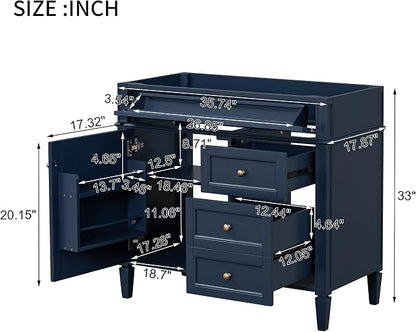 36" Bathroom Vanity Without Top Sink,Modern Freestanding Storage Cabinet with 2 Soft-Close Drawers & Tip-Out Tray,Solid Wood Frame Vanity Only w/Adjustable Shelf & Door Organizer,Blue