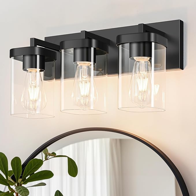 3-Light Bathroom Lighting Fixtures over Mirror, Matte Black Vanity Lights with Square Transparent Glass Shade, Modern Bathroom Vanity Light for Mirror Kitchen, Living Room, Gallery, Hallway