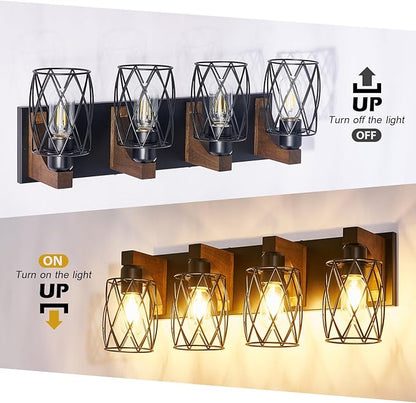 4-Light Farmhouse Bathroom Vanity Light, Wood Bathroom Lighting Fixtures Over Mirror, Black Bathroom Light Fixtures with Cage Metal Shade, Rustic Vanity Light with E26 Base
