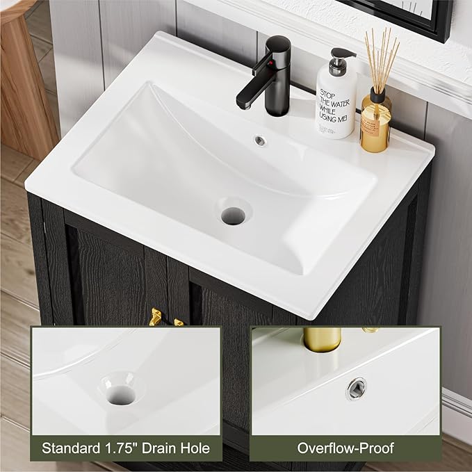 24 Inch Bathroom Vanity with Sink, Small Modern Bathroom Cabinet with LED Light, Bathroom Vanity Set, Double Soft Closing Cabinet Door with Organizer, Black