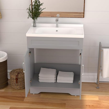 OLD CAPTAIN Bathroom Vanity with Ceramic Sink, Wooden Double Door Bathroom Vanity, 32 Inch Bath Cabinet with Sink and Storage, Grey