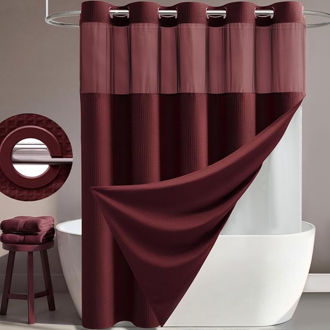 Burgundy Hook Free Waffle Shower Curtain & Snap Fabric Liner,72x81 | Less Time to install, 3 in 1 Fabric Shower Curtain and Liner Set with Magnets, Long, Shower Curtains for Bathroom
