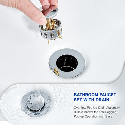 Chrome Bathroom Sink Faucet 2 Handles with Pop up Drain - Waterfall Bathroom Faucet Set 4 inch 2 or 3 Holes Centerset Mixer Tap Faucet with Supply Hoses for Bathroom Vanity Sink Vessel Basin