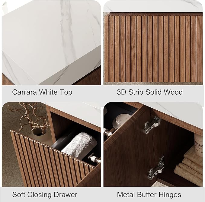 Ambrovina 48" Floating Bathroom Vanity with Sink, Modern Plywood Bathroom Storage Cabinet with Drawer and 2 Door, Carrara White Sintered Stone Countertop, White Ceramic Basin, Pre-Assembled, Dark Oak