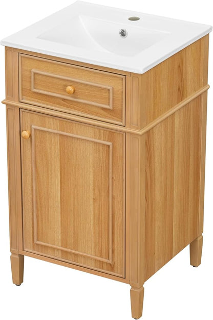 20" Small Bathroom Vanity with Ceramic Sink,Modern Freestanding Storage Cabinet w/Tilt-Out Drawer and Soft-Close Door,Adjustable Shelf,Solid Pinewood Frame for Bath/Powder/Guest Room,Wood