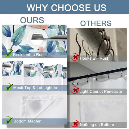 No Hook Shower Curtain and Liner Set, Blue Eucalyptus 71x77 | Floral Design, with Snap in Liner, Waterproof, Machine Washable, Quick-Drying, for Hotel Bathroom